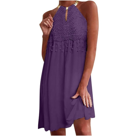 IROINNID Women's Sleeveless Solid Color Halter Dress Fashion Halter Appliques Butterfly Dress Round Neckline Knee-Length Dress