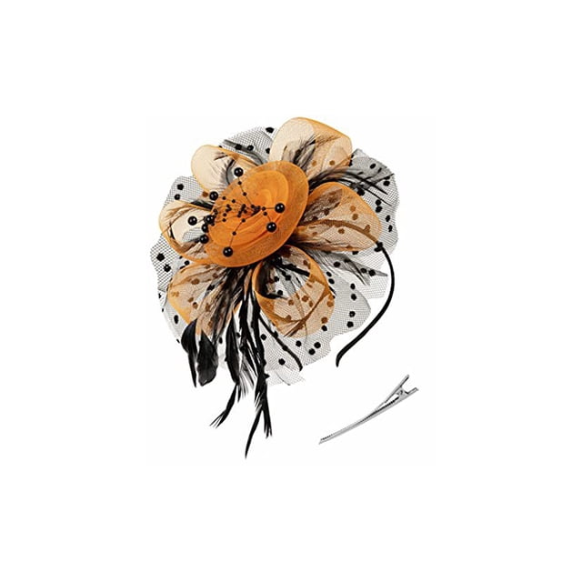 Minnieouse Vintage Women Plume Fascinator Mesh Velo Clip Horquilla Flor Headwear Club Caballo Carreras Eventos Iglesia Negro + naranja Type3 NO3