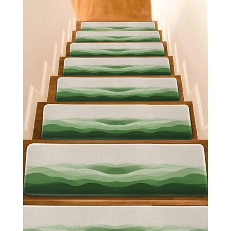 Green Beige Ombre Stair Treads for Wooden Steps Indoor Runner Rug Carpet Minimalist Ocean Waves Linen 4 Pieces Peel and Stick Staircase Step Treads Covers Washable Throw Door Mats 30 x8