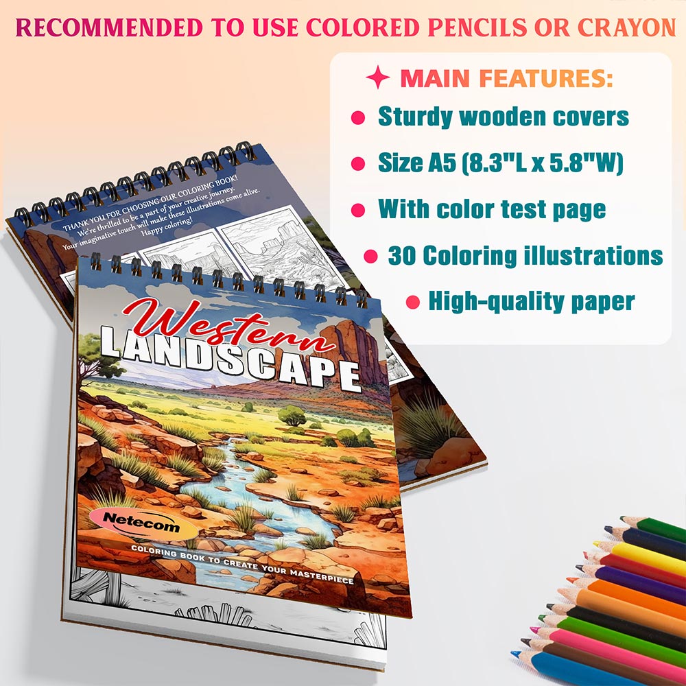 Western Landscape Coloring Book Spiral Bound For Adults, A5 Wooden Cover, 30 Beautiful Coloring Pages in Wild West Scenery for Stress Relief and Relaxation