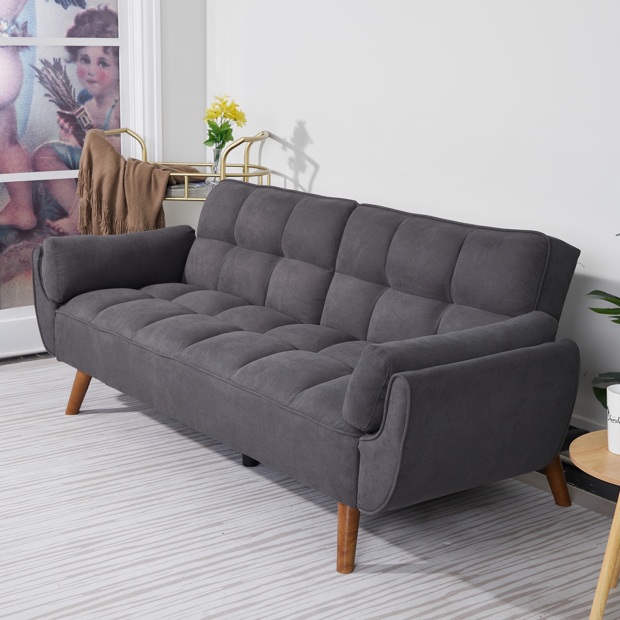 Gewnee Mid-Century Modern Dark Gray Sofa - Solid Eucalyptus Wood Frame, 500 lbs Capacity, S-Shaped Springs for Apartments, Living Rooms, Studies