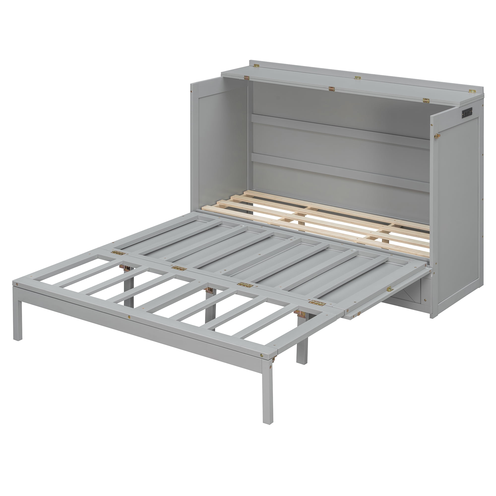 Mintazer Queen Murphy Bed with Storage Drawer & Charging Station, Modern Foldable Cabinet Bed with Geometric Pattern for Bedroom Apartment Guest Room, White