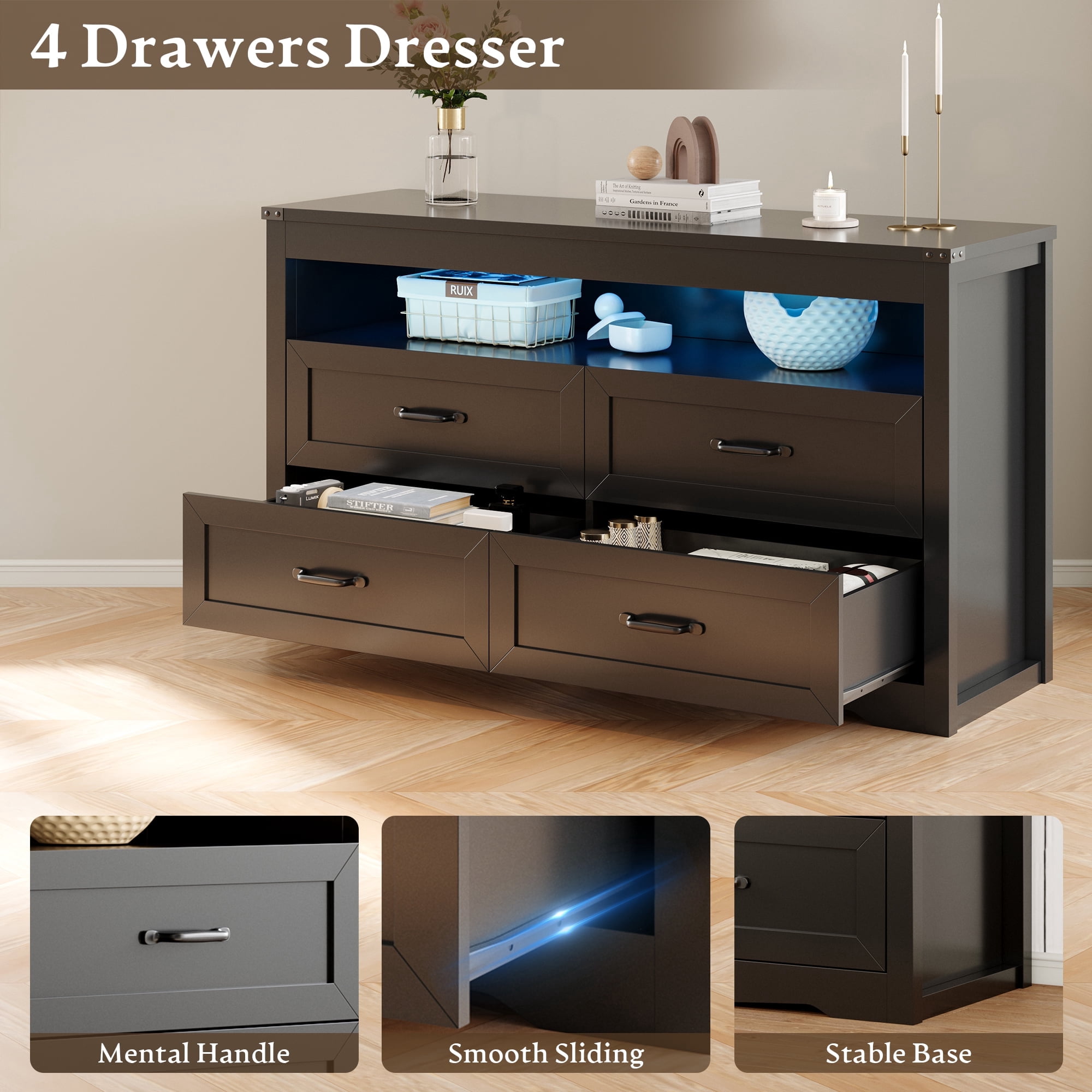 FANRAL 4 Drawers Dresser & Open Shelf for Bedroom,Modern Wooden Chest of Drawers with LED Light,Storage Organizer Dresser for Closet,Black Dresser