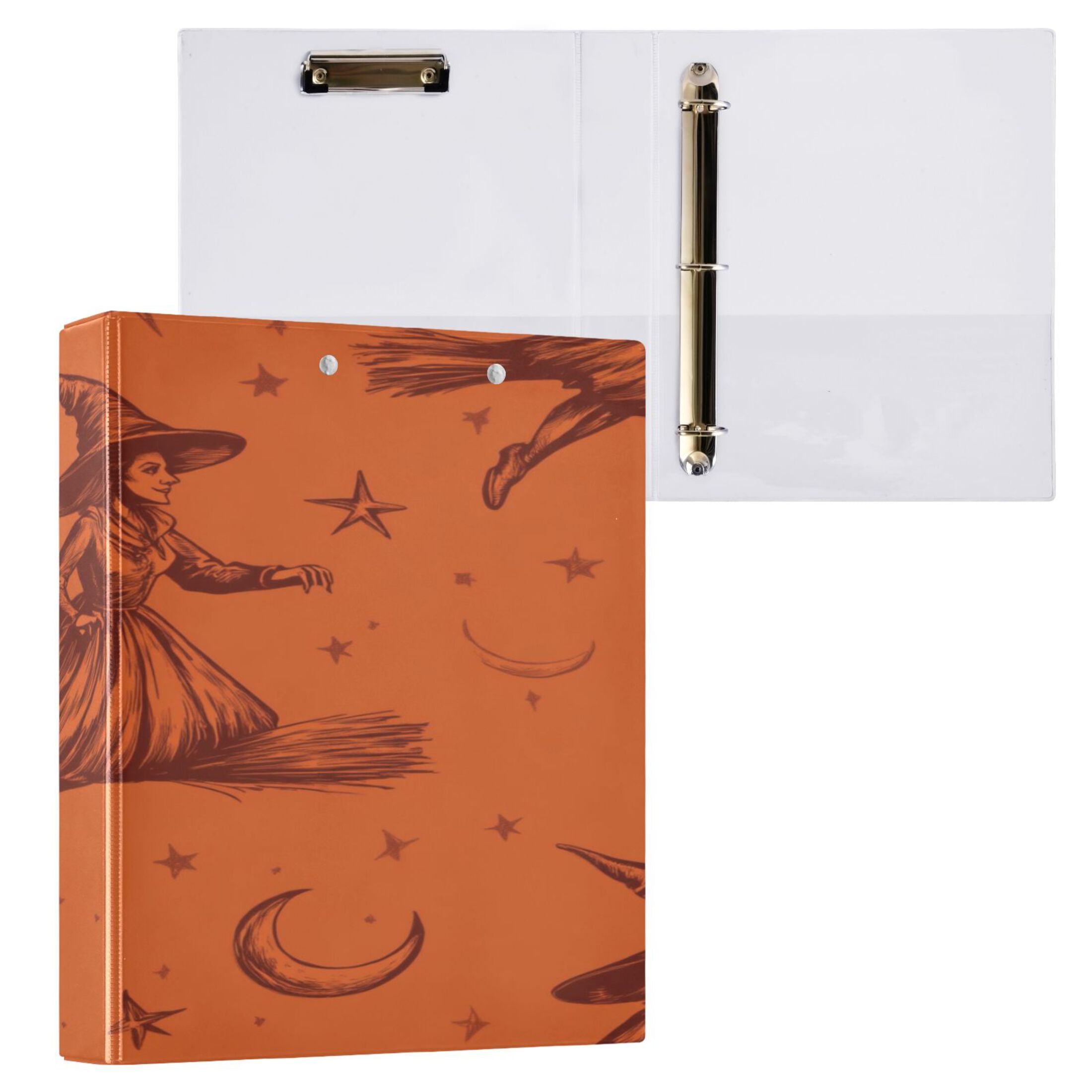 Flying Witch 12.4x10.6in PVC Round Ring Binder, D-Ring 3-Hole, Metal Clip, 200 Sheets