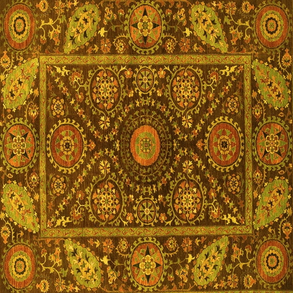 Ahgly Company Machine Washable Indoor Square Oriental Yellow Traditional Area Rugs, 7' Square