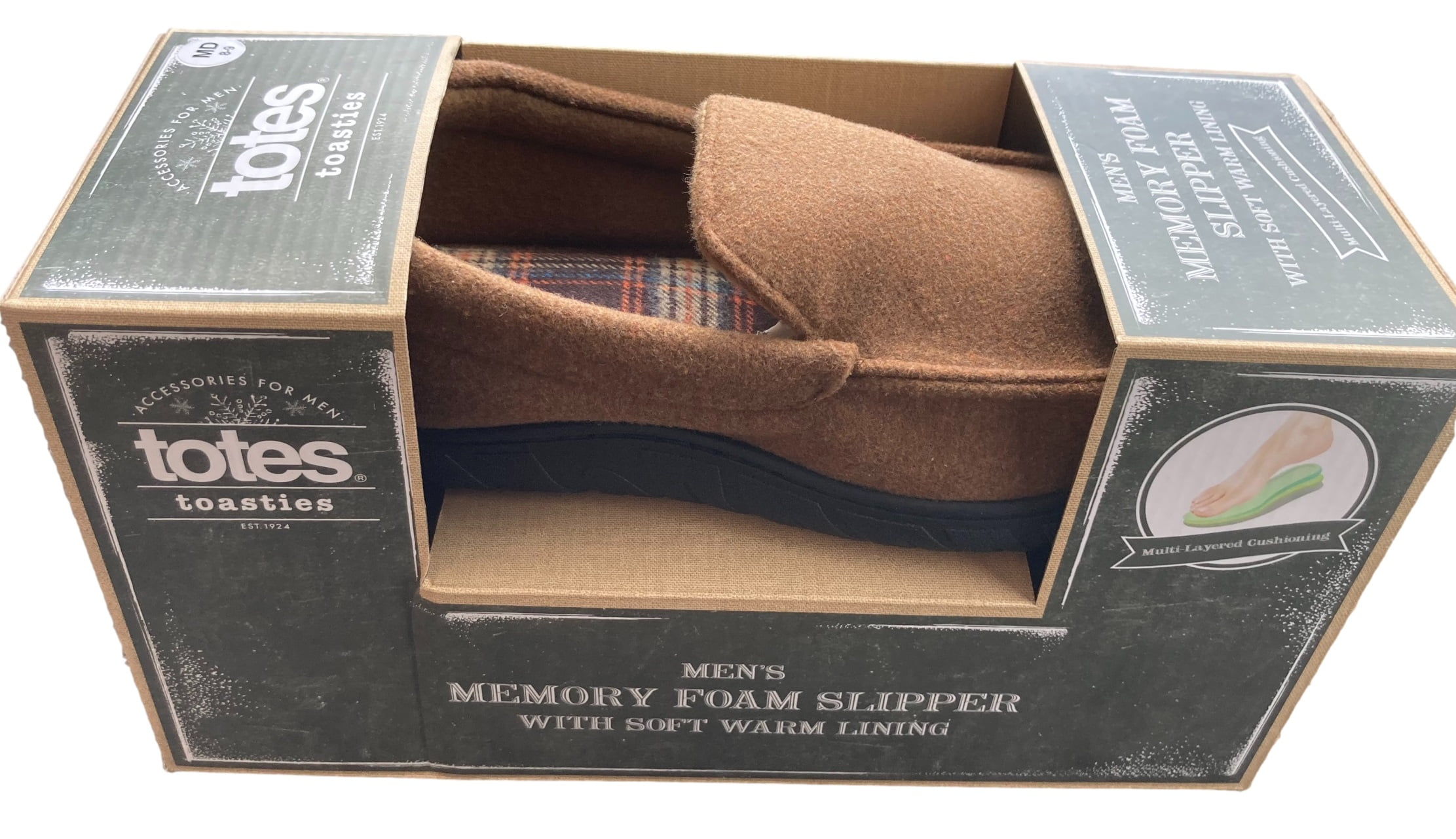 Totes Toasties Men's Memory Foam Flannel Rubber Bottom Slippers with Warm Lining - Brown with Plaid Lining - Size Medium (8/9) - Walmart.com