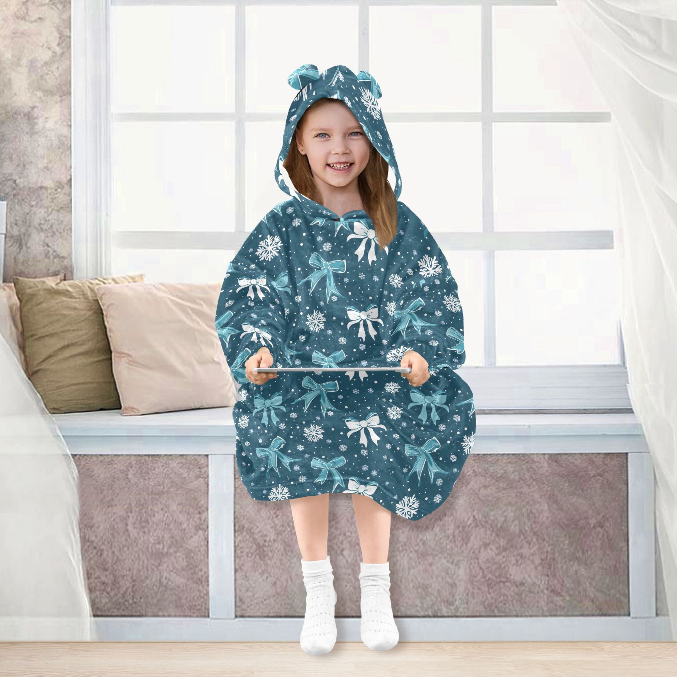 Wearable Blanket Hoodie for Kids White Blue Bow Snowflakes Flannel Hooded Blanket with Pockets and Sleeves Suitable for Boys and Girls