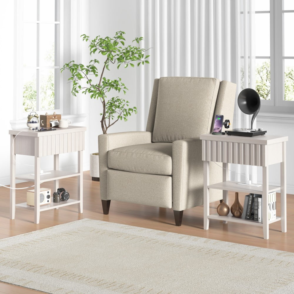 Nightstands Set of 2 with Charging Station, 2 USB Ports & 2 AC Outlets, Fluted Farmhouse Bedside Tables with Drawer & 2 Open Shelves, Beige