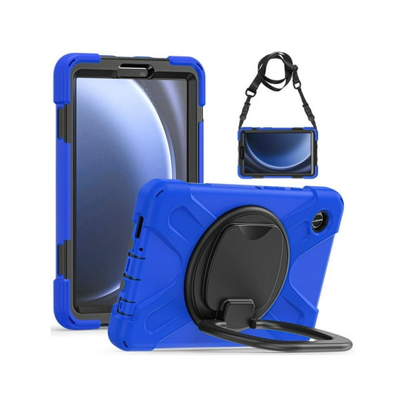 Case for Samsung Galaxy Tab A9 8.7 Inch 2023 SM-X110/SM-X115/SM-117, Rugged Military Grade Shockproof Cover with Rotatable Stand, Hand Strap, Shoulder Strap, Pencil Holder