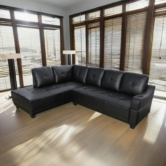 Hommoo Semi PU Synthetic Leather L-Shaped Couch Living Room Furniture Set, Modern 4-Seat Couch Sofa Set, Sectional Sofa Chaise Lounge for Home, Apartment, Dorm, Black(No Ottoman)