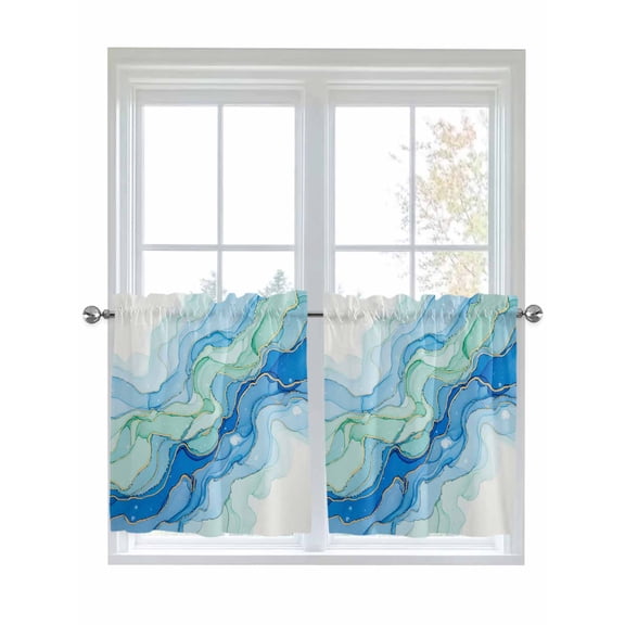 Turquoise Blue Marble 2 Panel Kitchen Curtains for Small Windows, Abstract Art Modern Fluid Marble Bathroom Tier Curtain, Short Window Treatment for Bedroom/Living Room 55"x36"