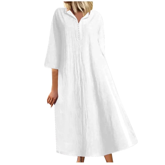 QIPOPIQ Robe Chemise en Coton et Lin pour Femmes Décontractée Ample Maxi Robes Liquidation