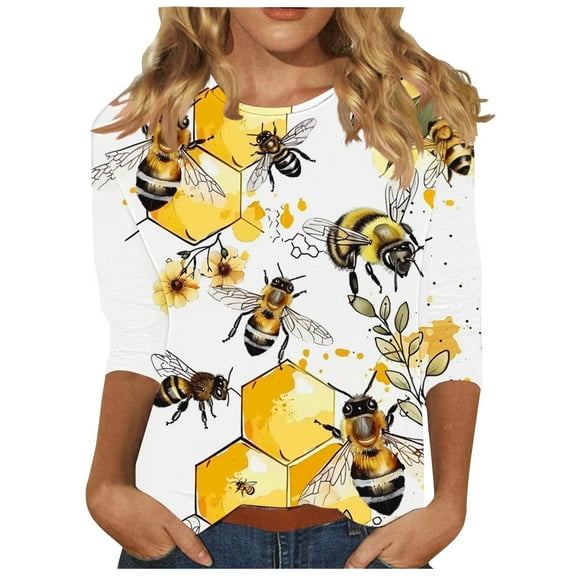 CYMMPU 3/4 Sleeve Crew Neck Blouses for Women Dressy Casual Bee Pattern Loose Fit Tunic Tops Spring Tops Fall Fashion Shirts Lightweight Basic T-Shirts XXXL
