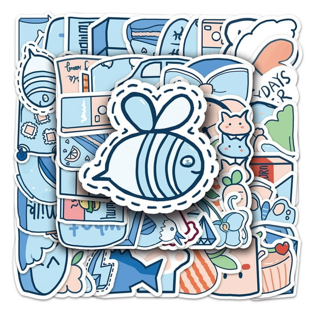 Paquete de pegatinas azules con dibujos animados estéticos de abeja y gato, 50 unidades