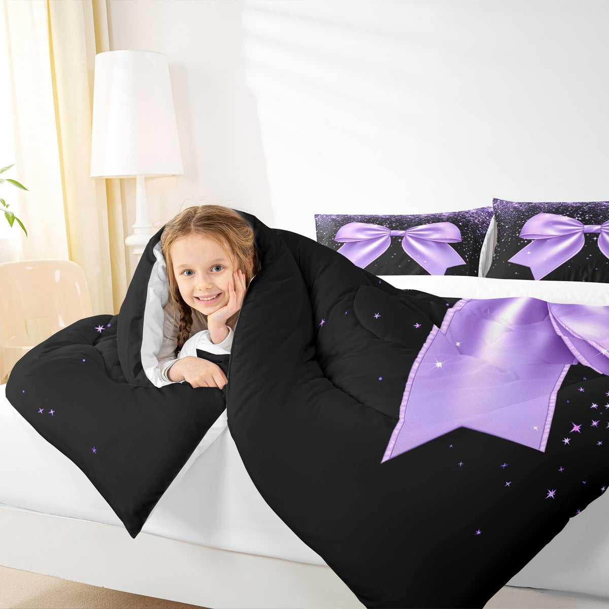 Manfei Princess Bling Bowknot Full Size Comforter Sets, Dreamy Glitter Bow-tie Bedding Comforter Set, Black Purple Cartoon Bedding Sets, Breathable Home Decor, 3pcs
