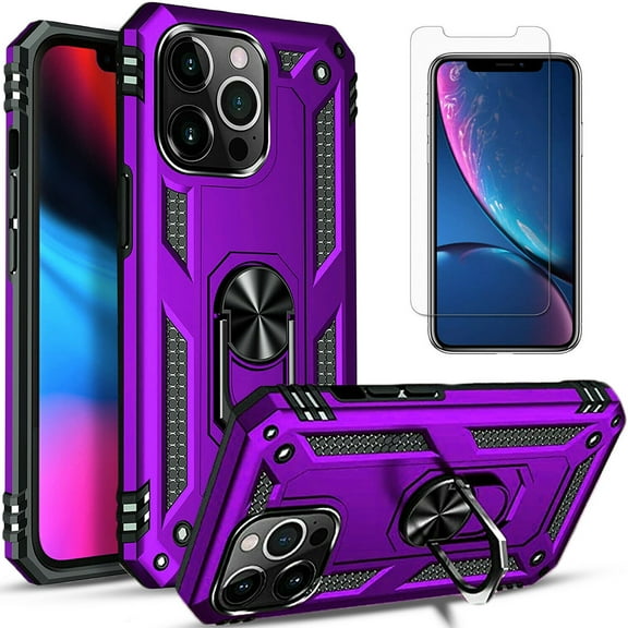 Heavy Duty Shockproof Phone Case with Screen Protector For iPhone 15 Case, Protective Case Built-in 360° Rotate Ring Kickstand