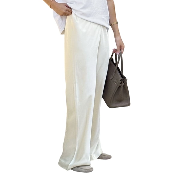 Womens Satin Elastic Waist Wide Leg Long Pants Beige L