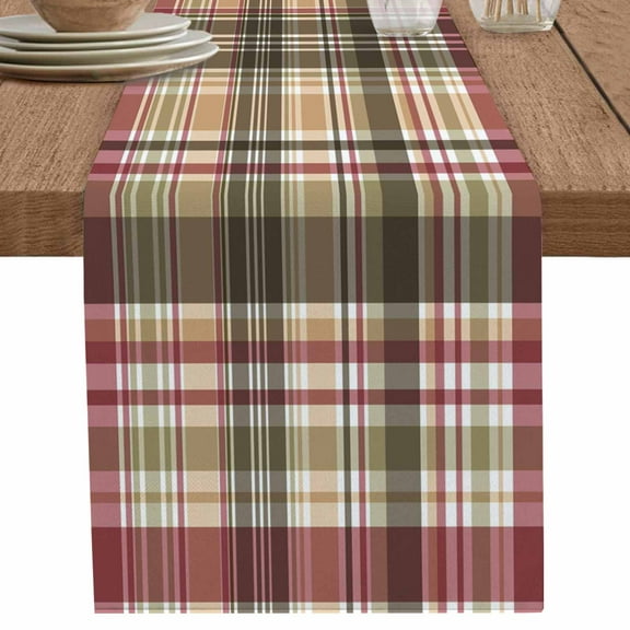 Retro Farmhouse Checkered Plaid Table Runner-70 Inch Long Abstract Lattice Stripe Table Runners Linen Burlap Tablerunner for Kitchen Dining Room Holiday Party