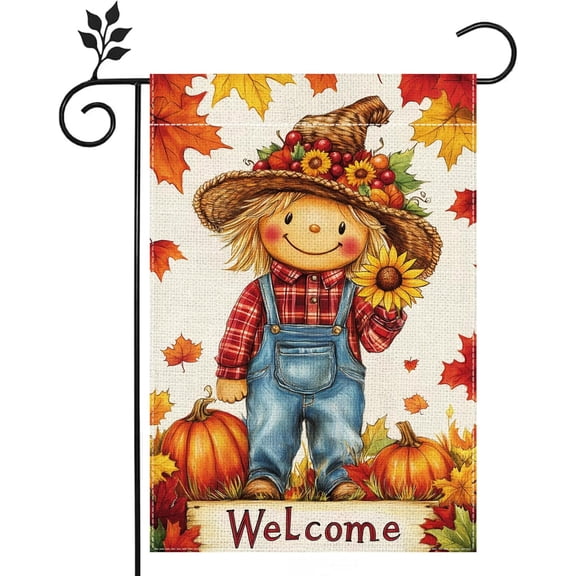 Fall Pumpkin Scarecrow Garden Flag for Outside 12x18 Inch Double Sided Burlap Welcome Autumn Thanksgiving Maple Leaf Sunflower Flowers Farmhouse Holiday Rustic Outdoor Yard Flag Home Decorations