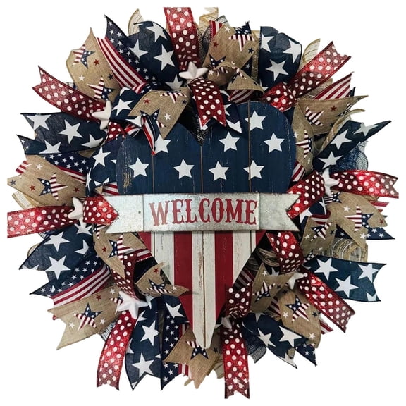 Patriotic Welcome Wreath for Front Door 4th Of July Wreath with Flag Heart Red White Blue Star Wreath for Independence Day Memorial