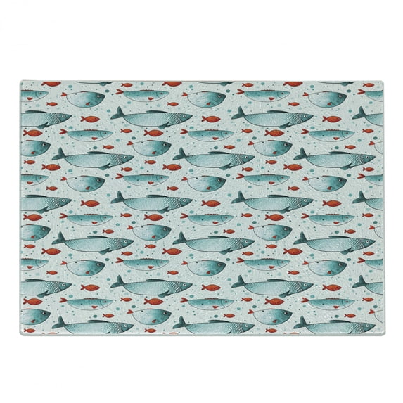 Fish Cutting Board, Subaquatic Animal Pattern on Dotted Background Ocean Inhabitants with Scales, Decorative Tempered Glass Cutting and Serving Board, Small Size, Orange and Pale Blue, by Ambesonne