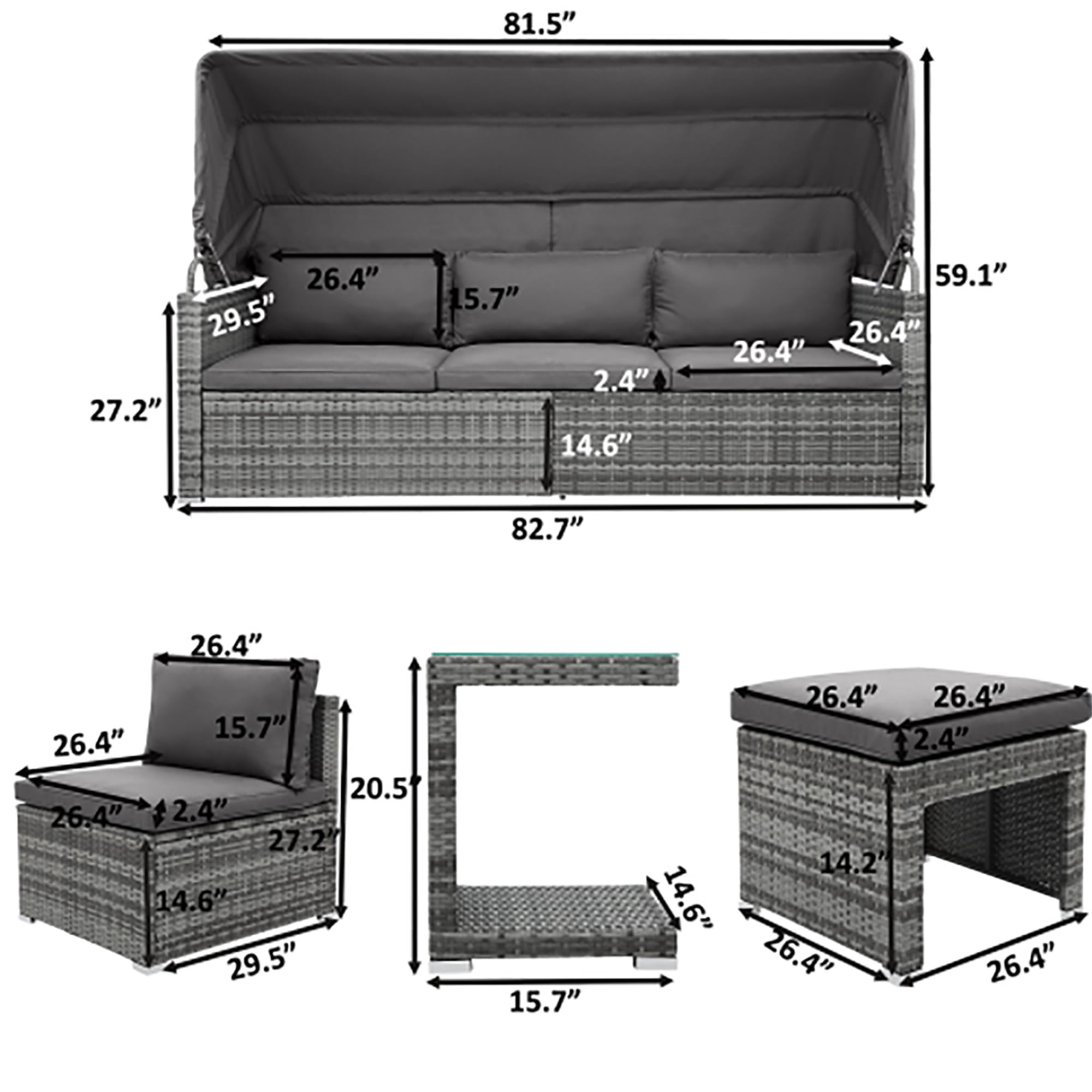 Kadyn 5 Pieces Outdoor Sectional Patio Rattan Sofa Set Rattan Daybed , PE Wicker Conversation Furniture Set w/ Canopy and Tempered Glass Side Table, Gray Kadyn 5 Pieces Outdoor Sectional Patio Rattan Sofa Set Rattan Daybed , PE Wicker Conversation Furniture Set w/ Canopy and Tempered Glass Side Table, Gray