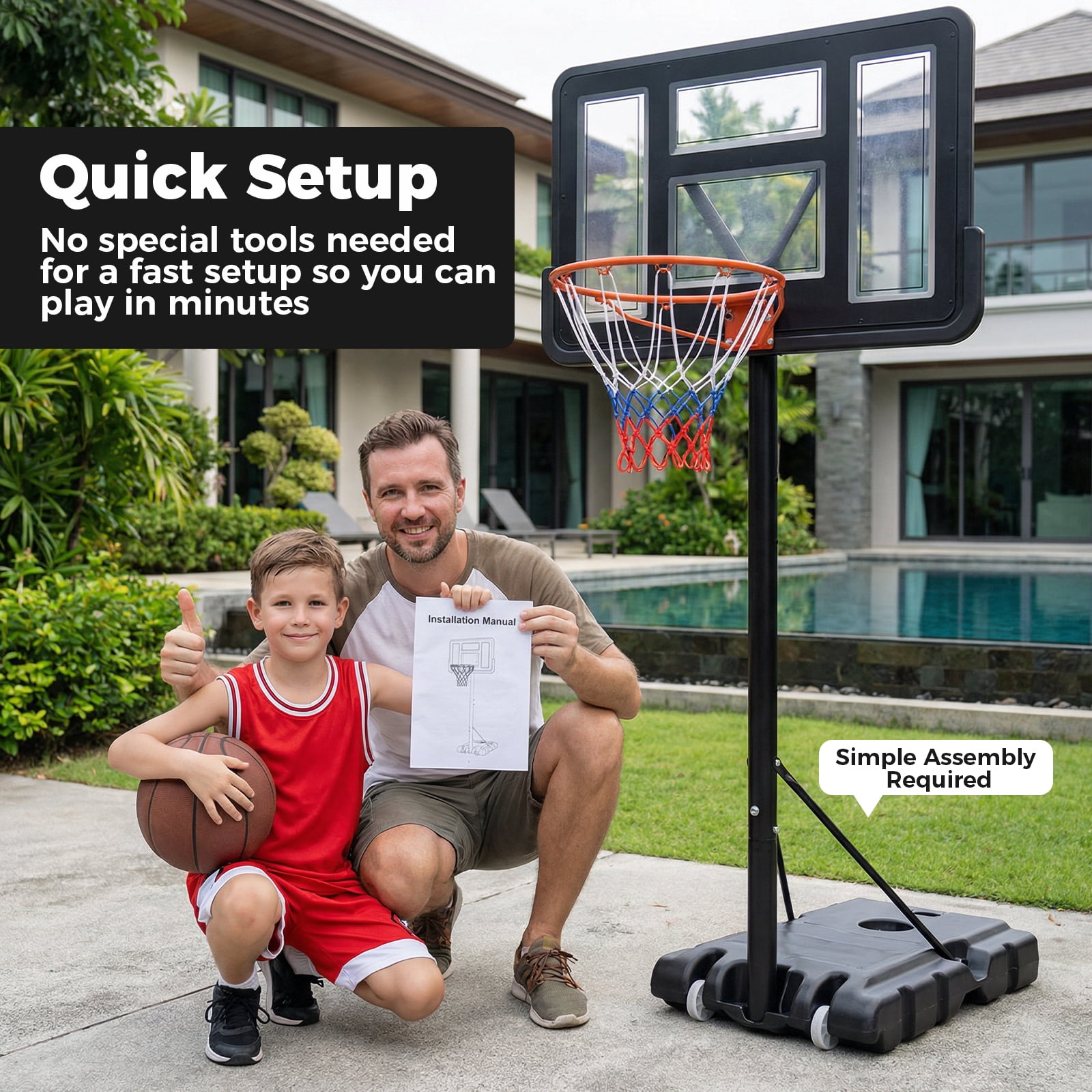 Alvantor 44" Shatterproof Backboard Basketball Hoop, 4.2-10ft Adjustable Height, Portable Outdoor Basketball Goal System for Kids & Adults, Black