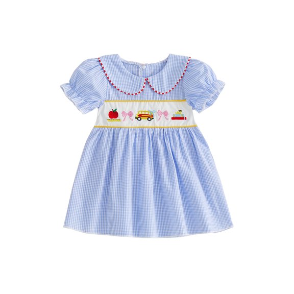 RUINIXCW Toddler Baby Girl Back to School Dress Kids Kindergarten Outfits Toddler Girl Summer Fall Dress 2 3 4 5 6 Years Apple Pencil Embroidery Doll Collar Short Sleeves Plaid A Line Dress