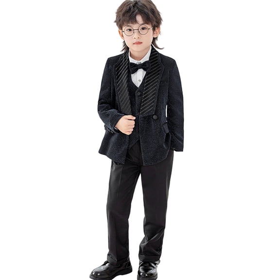 LEKWK Boys formal Tuxedo Suit Set Glitter Blazer Vest Pants Bowtie Striped Lapel Ring Bearer Wedding Party Elegant Performance Outfit