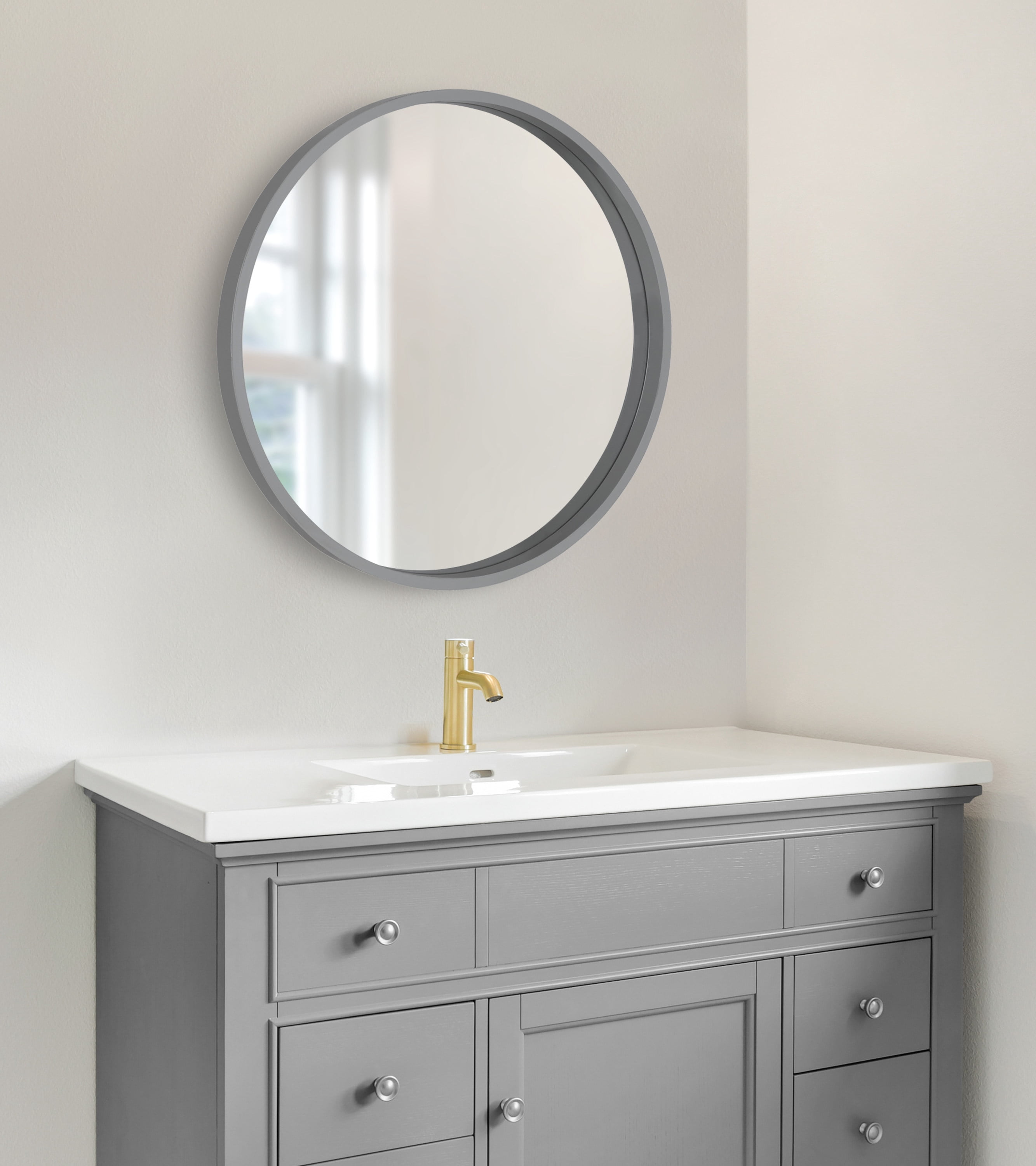 Kate and Laurel Travis Round Wood Wall Mirror, 25.6" Diameter, Gray, Modern Wall Décor Accent