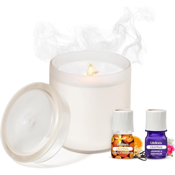Lifelines Flameless Candle Essential Oil Diffuser Bundle with 2 ClickWick Essential Oil Blends, Frosted Cream