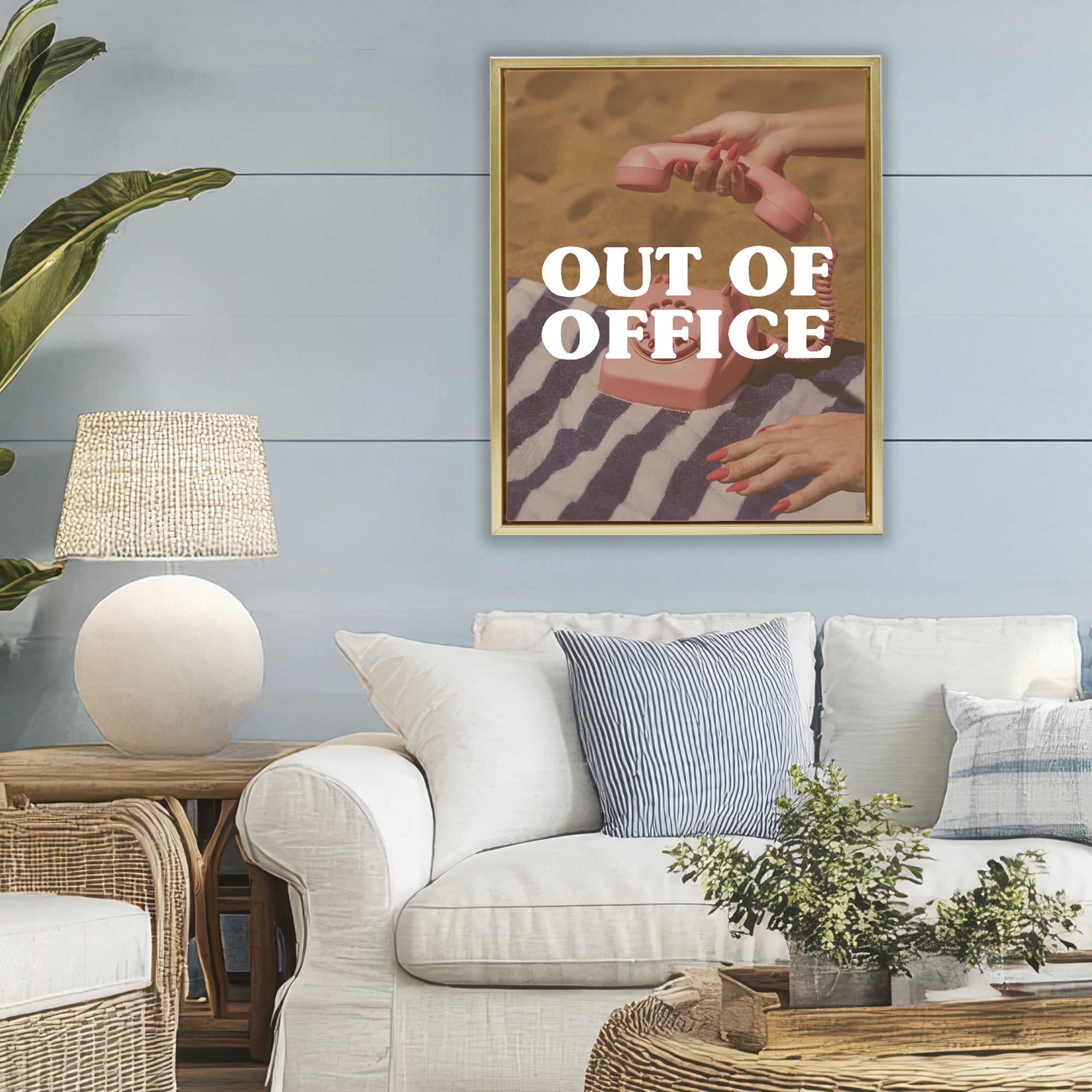 Out of Office Pink Phone Gold Framed Floater Canvas Wall Art, design by Lil' Rue