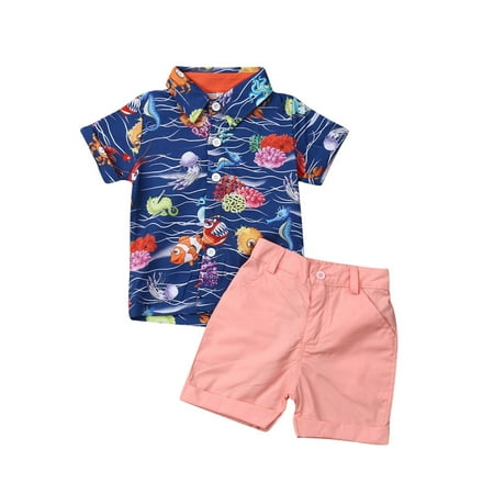 

Nokpsedcb Toddler Baby Boys Summer Pants Set Short Sleeve Lapel Ocean World Fish Print Tops Shorts Kids 2Pcs Casual Outfits Blue 18-24 Months