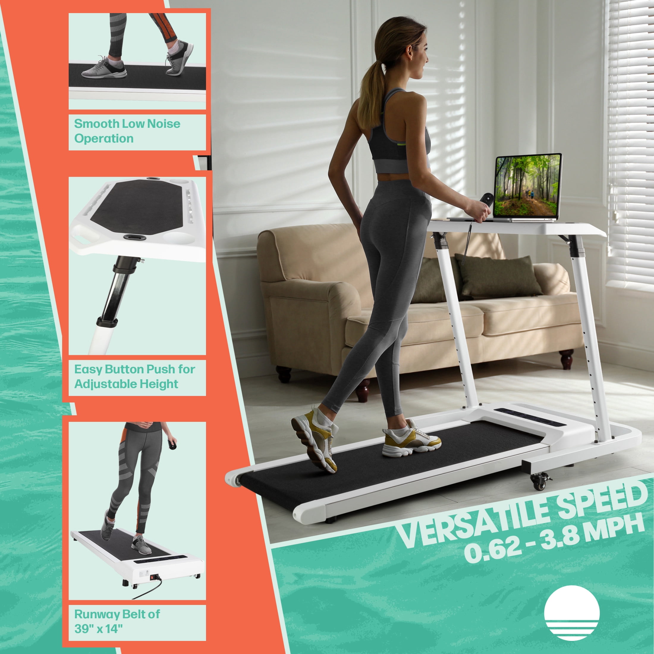 RAD Sportz Walking Pad Treadmill and Standing Desk Workout Set, White