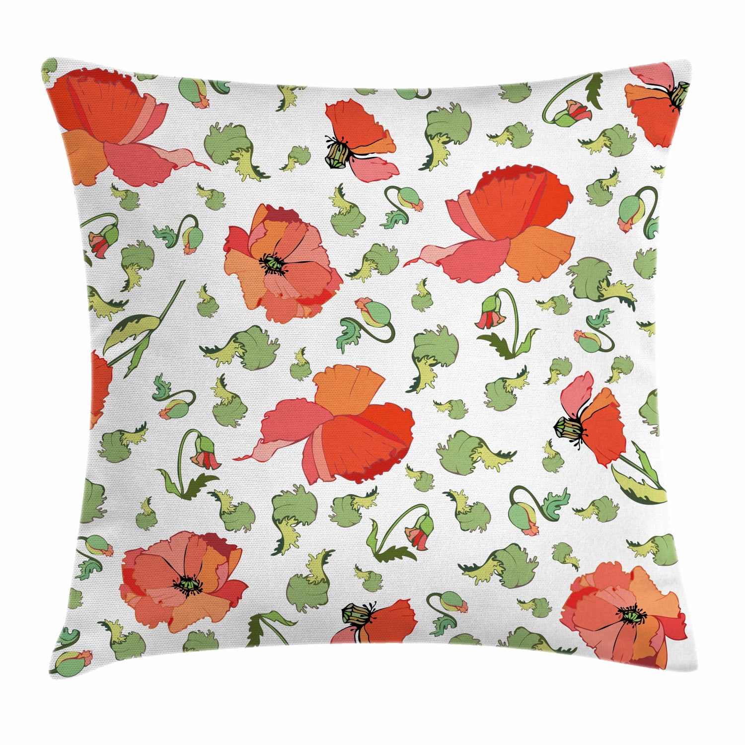 Poppy Throw Pillow Cushion Cover, Buds Stems and Flower Heads Scattered