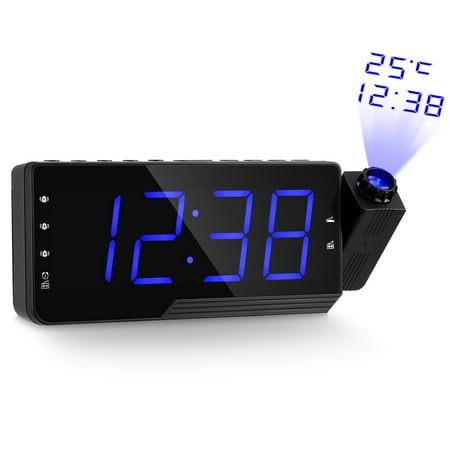 Projection Alarm Clock, LED Curved Screen Dimmable FM Radio Alarm Clock, 180° Projector, USB Phone Charger, Sleep Timer, Dual Alarm, Snooze, Bedroom Ceiling Wall Heavy
