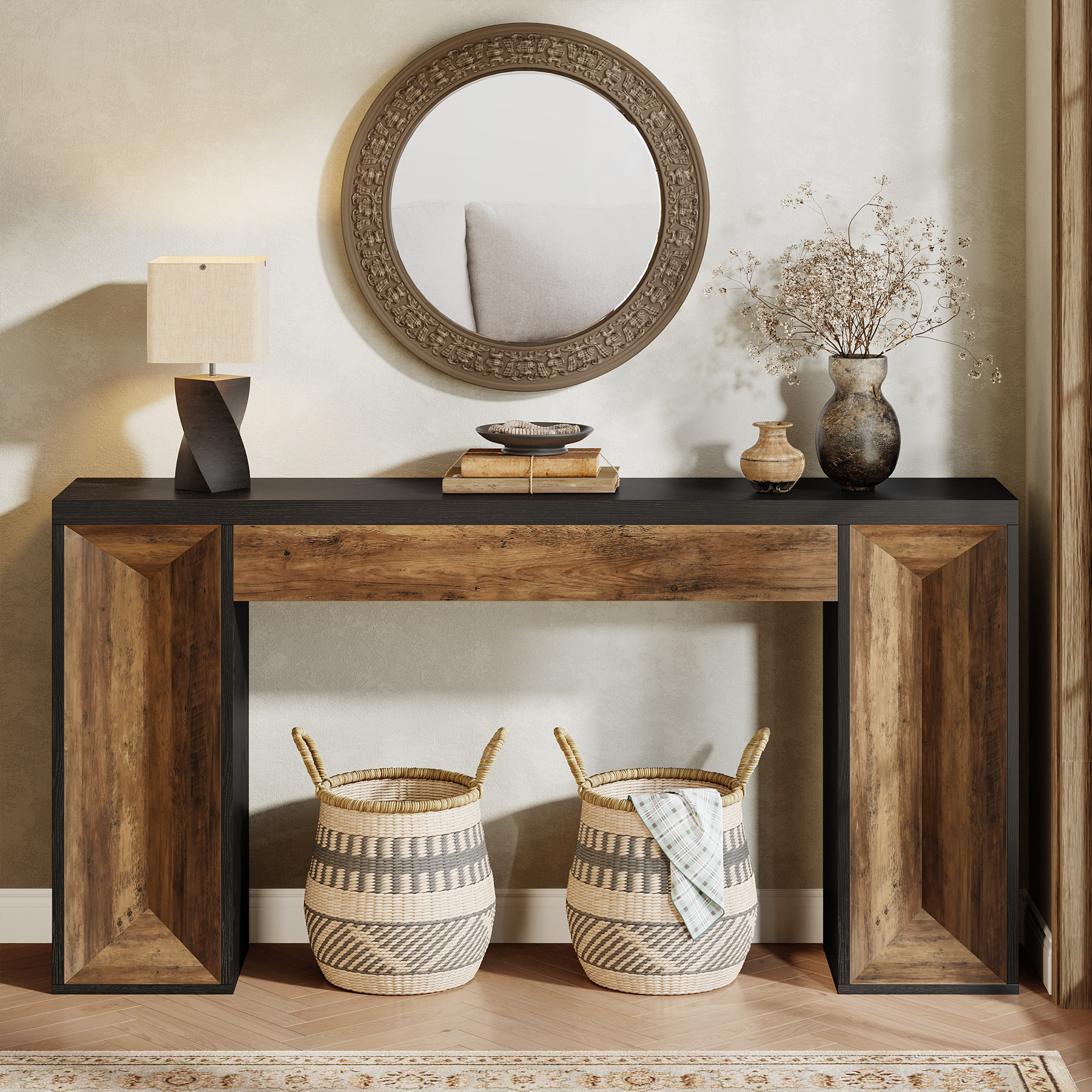 Finmind 63-inch Long Console Table for Entryway, Farmhouse Wood Foyer Table with Dual-Tone Design, Brown and Black