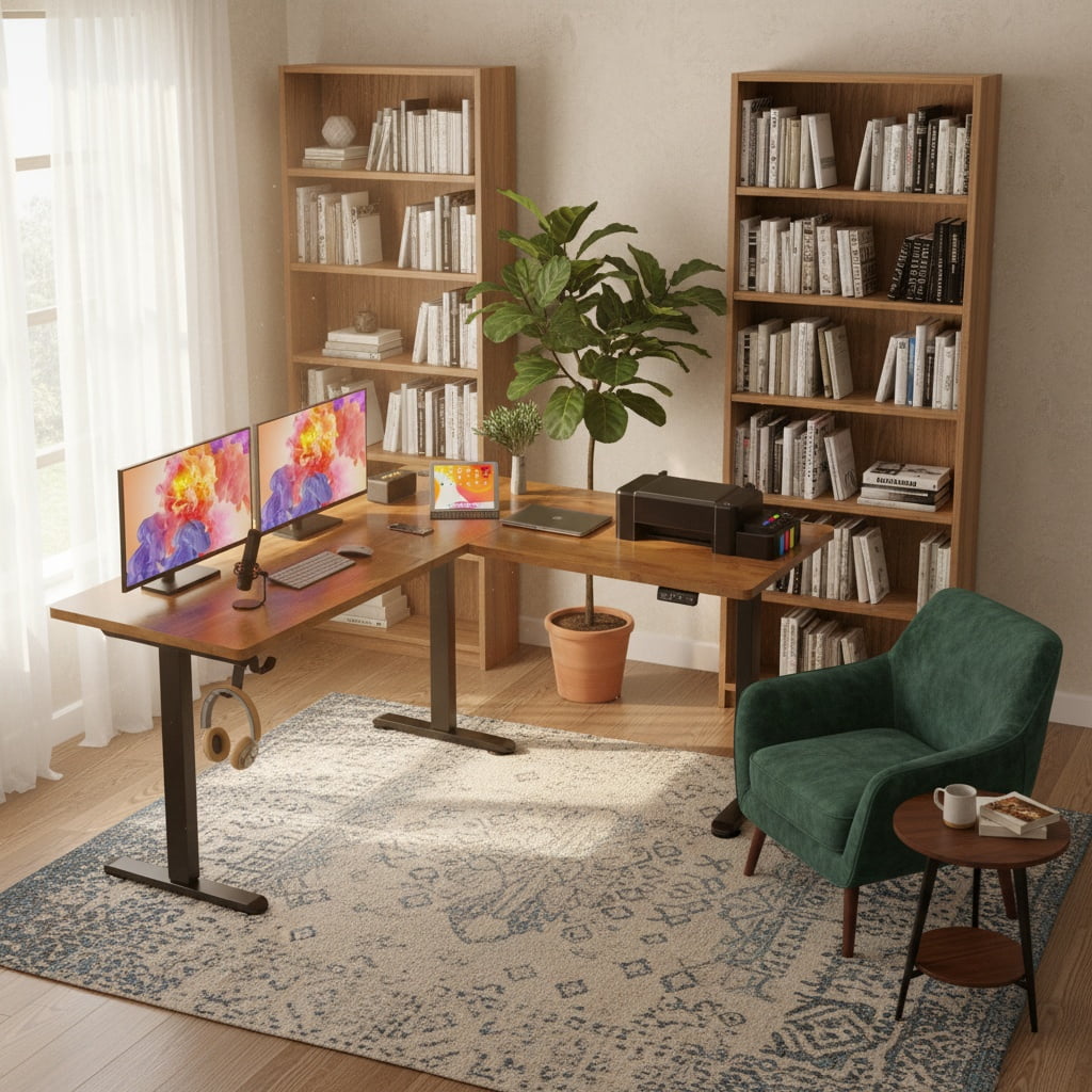 Legooin 63"W L-Shaped Standing Desk Adjustable Workstation 28"-46"H for Home Office Gaming Room, Brown