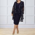 thumbnail image 4 of Quixlent 2 Pcs/Set Women Coat Dress Suit Long Sleeves Mid Length Lace Cardigan Short Sleeves Rhinestone V Neck Midi Dress Formal Business Style Banquet Outfit, 4 of 8