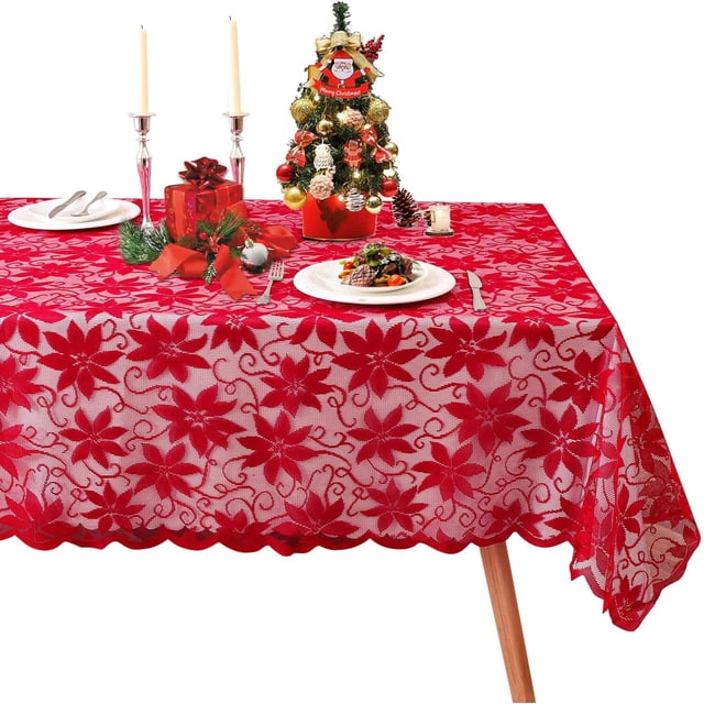 YQHWQ Christmas Red Lace Rectangular Tablecloth x 84 Inch Festive Maple Leaf Tablecloth Cover Party Valentine's Day Winter Red Decorative Tablecloth for Restaurant Kitchen Coffee Table