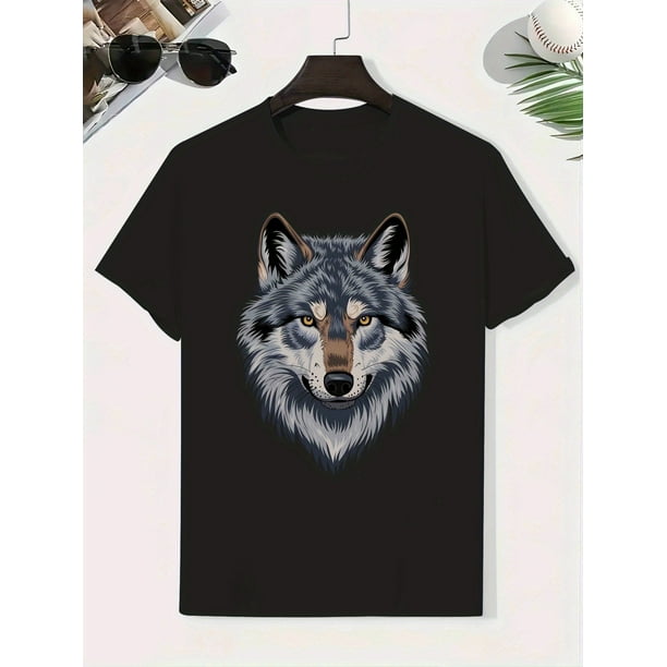 Camiseta con estampado de cabeza de lobo para niño: algodón suave, ligera, cómoda y de verano, de manga corta, rosa con diseño de lobo gris, cuello redondo informal para niños.