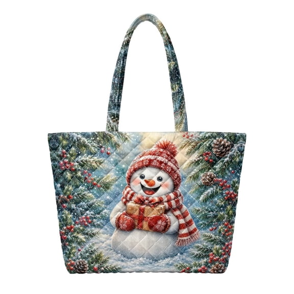 XYZCANDO Snowman Winter Print Quilted Handle Tote Bag, Large Capacity Lightweight Shoulder Purse for Christmas Holiday Shopping Travel Daily Use for Women