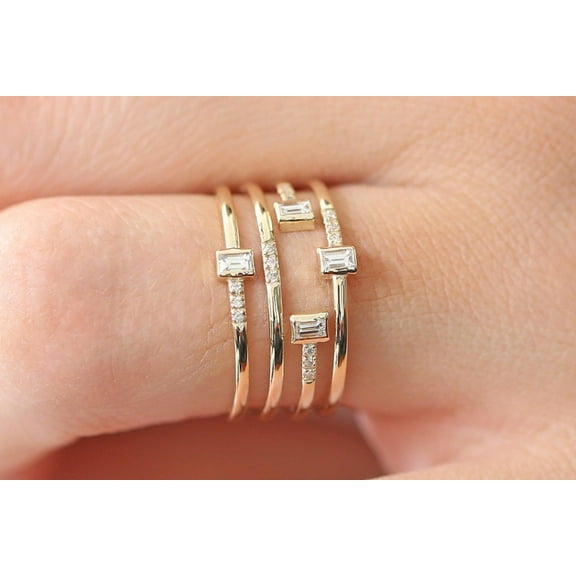 Stackable 4 Ring Set Moissanite Diamond Baguette and Round Diamonds on 10k Yellow Gold