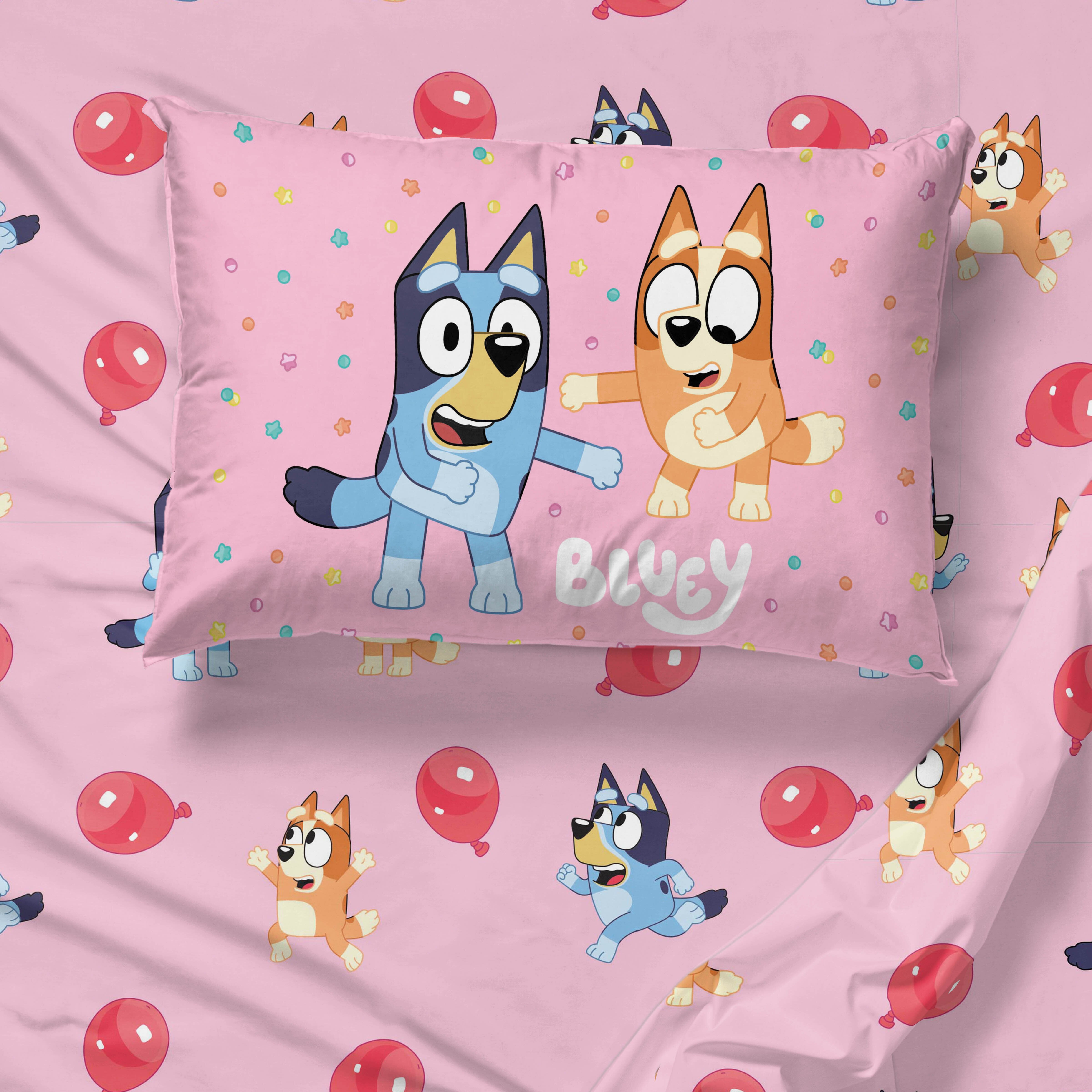Bluey Balloon Party 4-Piece Queen Sheet Set, Polyester, Pink, BBC Studios