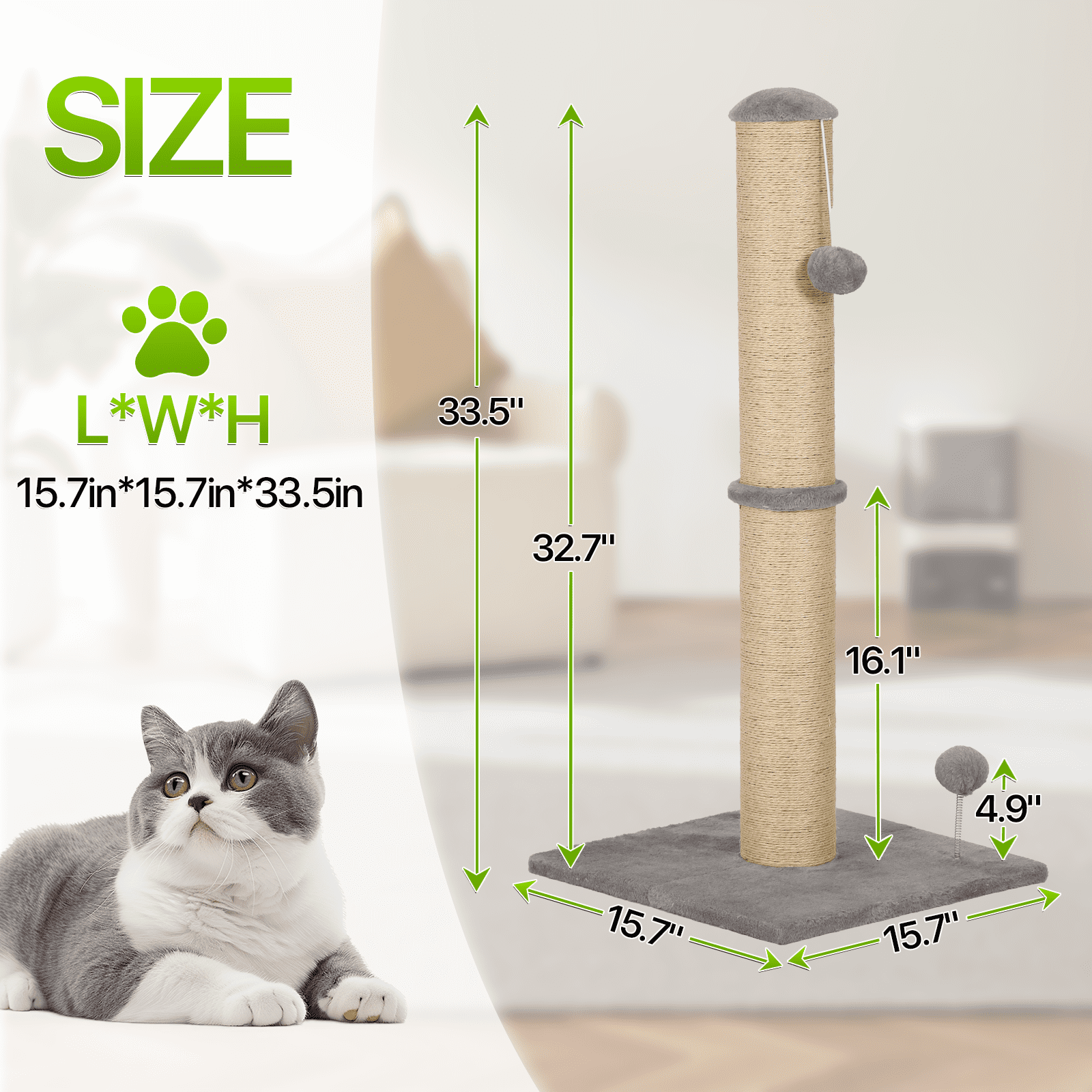 Dkelincs Cat Scratching Post with Sisal & Spring Ball Toy 33" Tall Cat Scratcher for Indoor Cats/Kittens Natural Sisal Scratch Post Trees for Living Room Bedroom, Light Gray