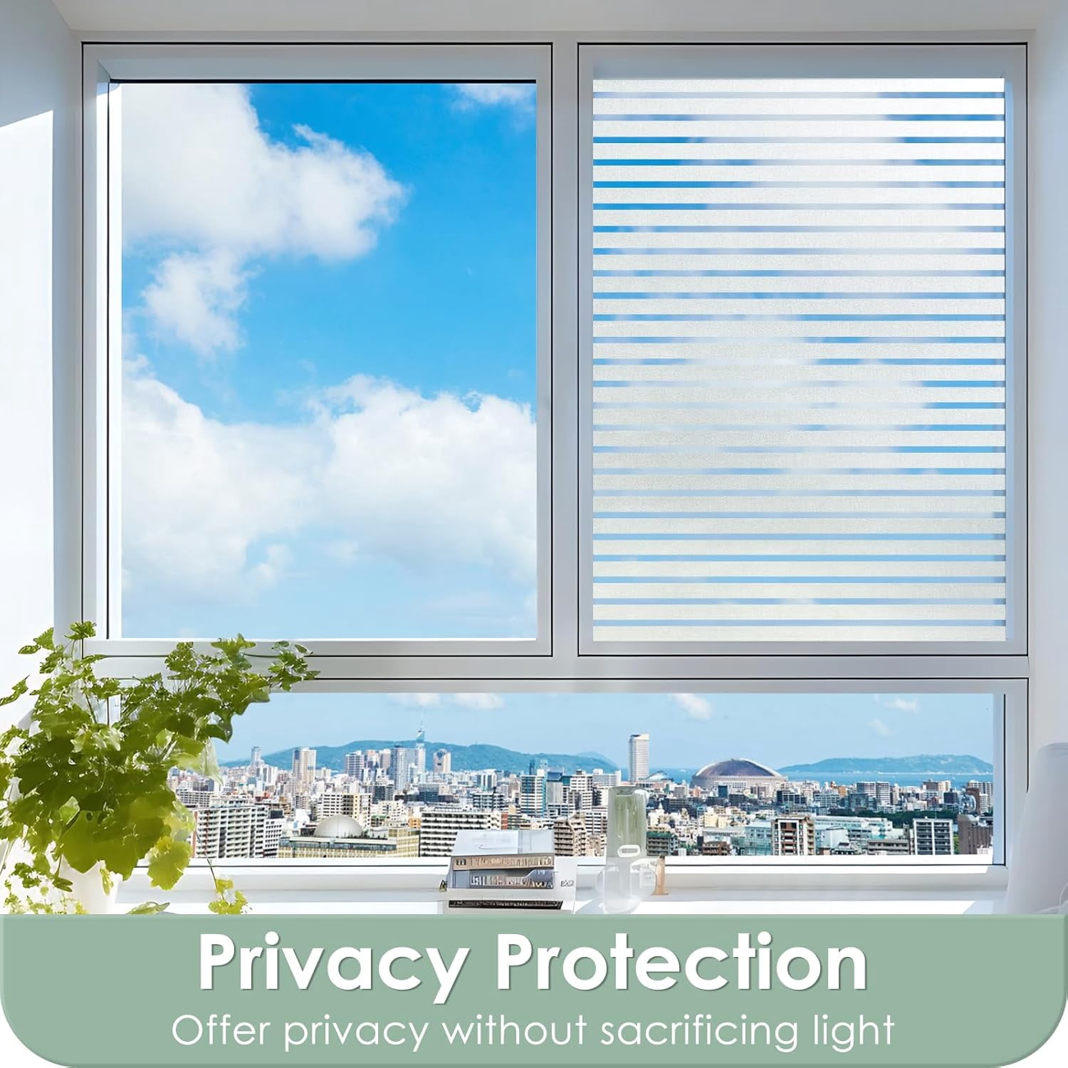 Fancy-Fix Window Film Privacy for Glass Windows, Frosted Stripe Patterm Glass Sticker Static Cling No Glue Anti UV Decorative Door Cover Film for Home Office, 35.4" x 78.7"