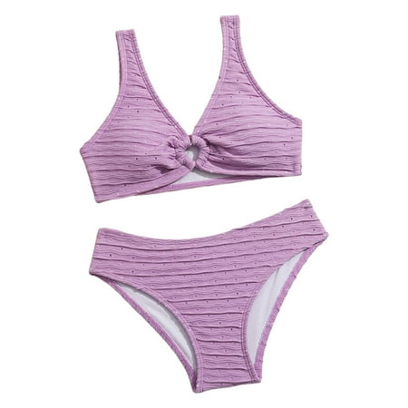 Bosanter Girls Bathing Suit Two-Piece V-Neck Bikini Straps Swimsuit with Chest Pad Swimwear Purple 13-14Y
