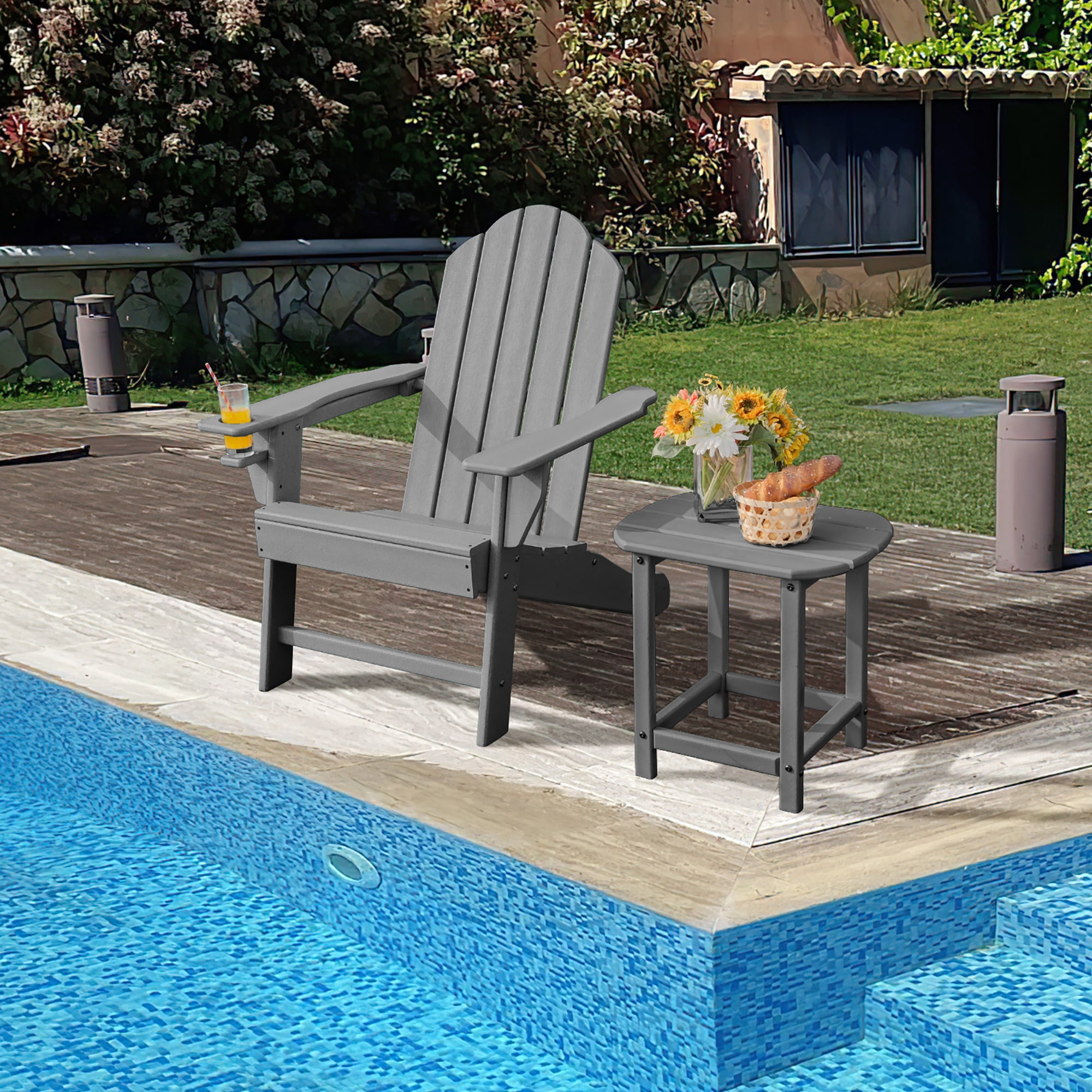 Costway Patio Adirondack Chair Weather Resistant Garden Deck W/Cup Holder Grey