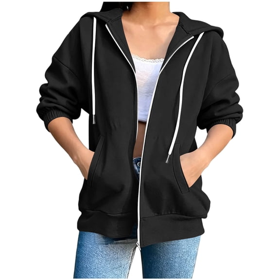 Naotn Womens Full Zip Up Hoodies Fall Fashion 3/4 Sleeve Drawstring Sweatshirts Coat Casual Solid Color Outerwear with Pockets