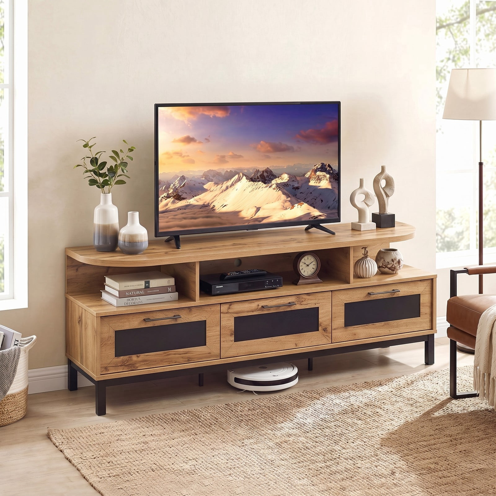 Furnibear Entertainment Center TV Stand for TVs up to 75 Inch, Wood Media Console Table with 3 Storage Drawers and Open Shelves, Living Room Bedroom, Rustic Natural